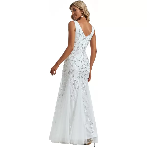EverPretty Womens Sequin Double VNeck Sleeveless Mermaid Long Evening Dress 07886USAWhite