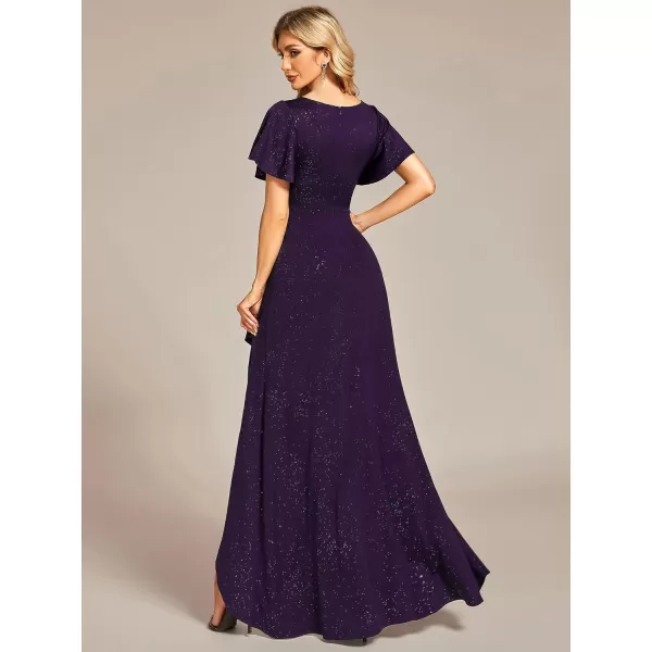 EverPretty Womens Sexy Glitter HighLow Ruffled VNeck Evening Dress with Sleeves 01738Dark Purple