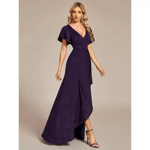 EverPretty Womens Sexy Glitter HighLow Ruffled VNeck Evening Dress with Sleeves 01738Dark Purple