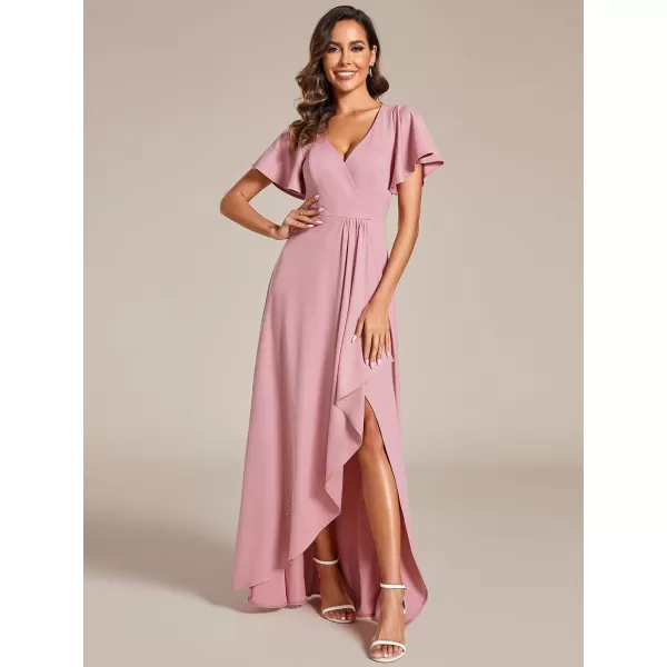 EverPretty Womens Sexy Glitter HighLow Ruffled VNeck Evening Dress with Sleeves 01738Dusty Rose