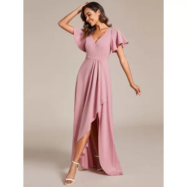 EverPretty Womens Sexy Glitter HighLow Ruffled VNeck Evening Dress with Sleeves 01738Dusty Rose