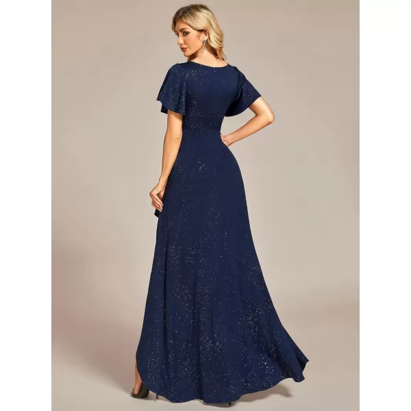 EverPretty Womens Sexy Glitter HighLow Ruffled VNeck Evening Dress with Sleeves 01738Navy Blue