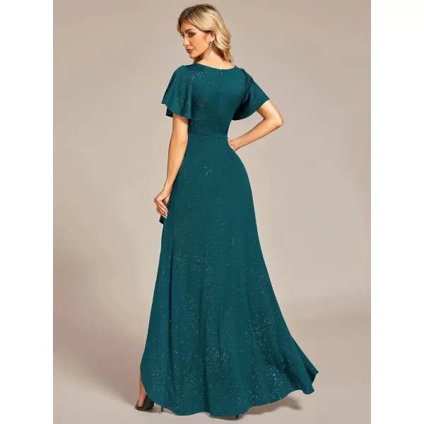 EverPretty Womens Sexy Glitter HighLow Ruffled VNeck Evening Dress with Sleeves 01738Teal