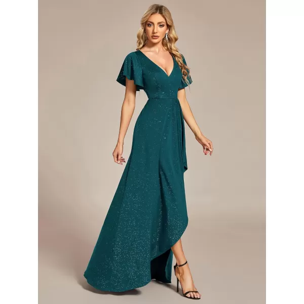 EverPretty Womens Sexy Glitter HighLow Ruffled VNeck Evening Dress with Sleeves 01738Teal