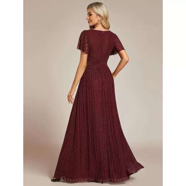 EverPretty Womens Summer Wedding Guest Dress Glitter V Neck Pleated Short Sleeves Evening Mother Dresses 11961Burgundy