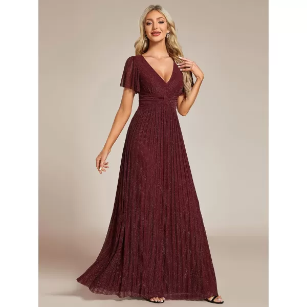EverPretty Womens Summer Wedding Guest Dress Glitter V Neck Pleated Short Sleeves Evening Mother Dresses 11961Burgundy
