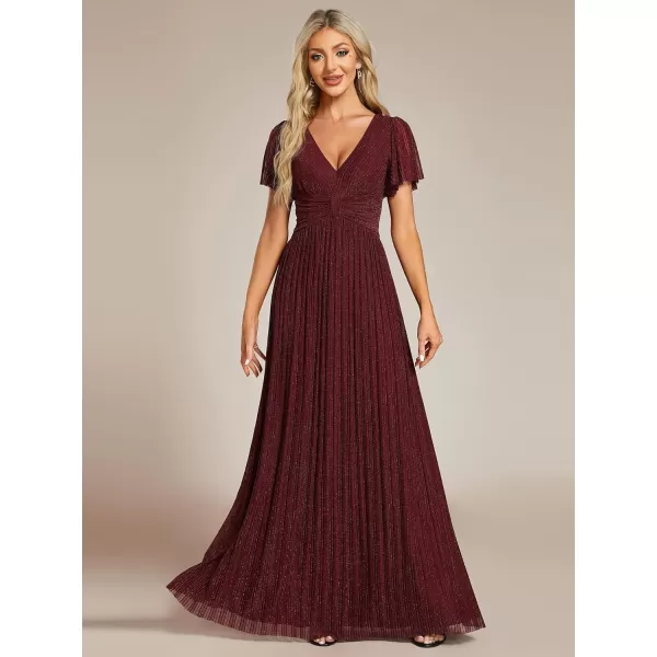 EverPretty Womens Summer Wedding Guest Dress Glitter V Neck Pleated Short Sleeves Evening Mother Dresses 11961Burgundy