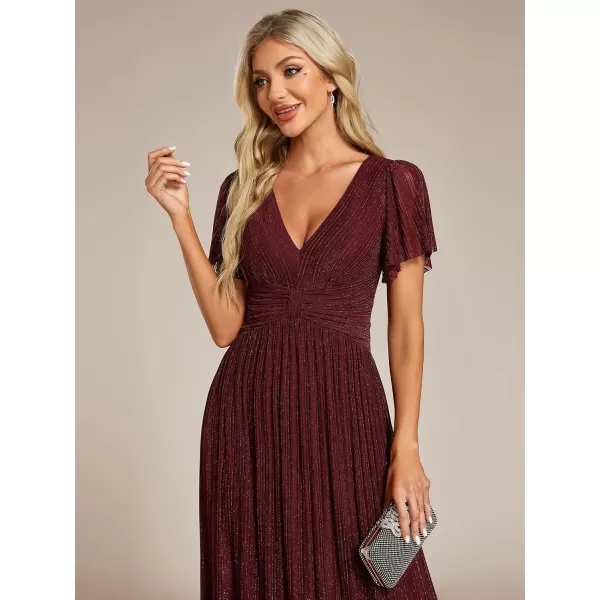 EverPretty Womens Summer Wedding Guest Dress Glitter V Neck Pleated Short Sleeves Evening Mother Dresses 11961Burgundy