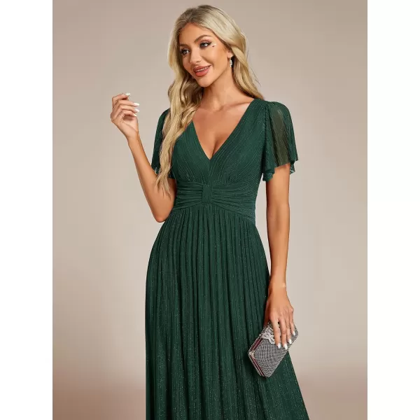 EverPretty Womens Summer Wedding Guest Dress Glitter V Neck Pleated Short Sleeves Evening Mother Dresses 11961Dark Green
