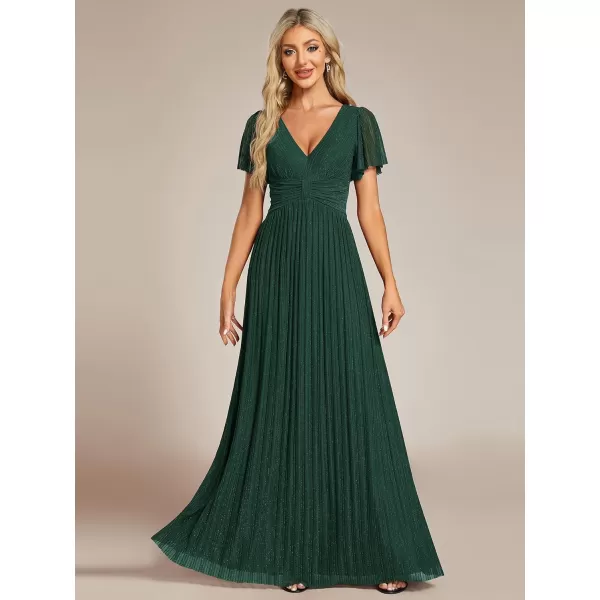 EverPretty Womens Summer Wedding Guest Dress Glitter V Neck Pleated Short Sleeves Evening Mother Dresses 11961Dark Green