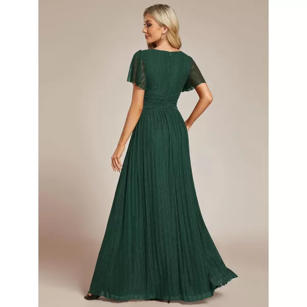 EverPretty Womens Summer Wedding Guest Dress Glitter V Neck Pleated Short Sleeves Evening Mother Dresses 11961Dark Green