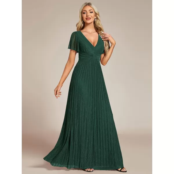 EverPretty Womens Summer Wedding Guest Dress Glitter V Neck Pleated Short Sleeves Evening Mother Dresses 11961Dark Green