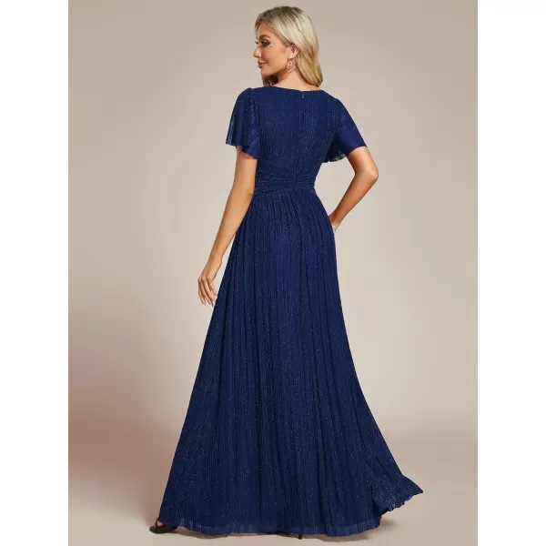 EverPretty Womens Summer Wedding Guest Dress Glitter V Neck Pleated Short Sleeves Evening Mother Dresses 11961Navy Blue