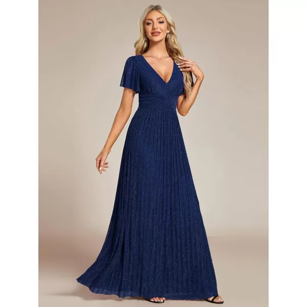 EverPretty Womens Summer Wedding Guest Dress Glitter V Neck Pleated Short Sleeves Evening Mother Dresses 11961Navy Blue