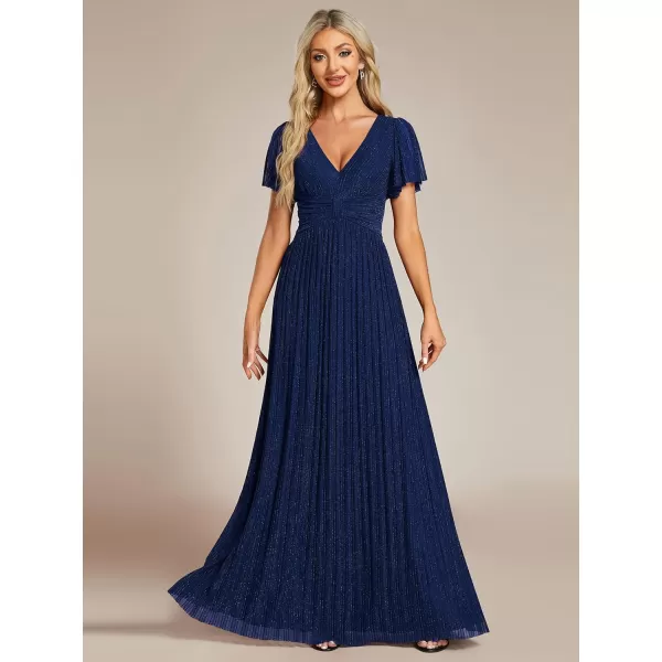EverPretty Womens Summer Wedding Guest Dress Glitter V Neck Pleated Short Sleeves Evening Mother Dresses 11961Navy Blue