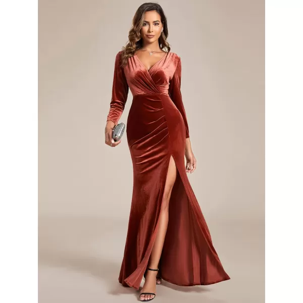 EverPretty Womens V Neck Long Sleeve ALine Side Slit Floor Length Velvet Formal Dresses 01431Bmaroon