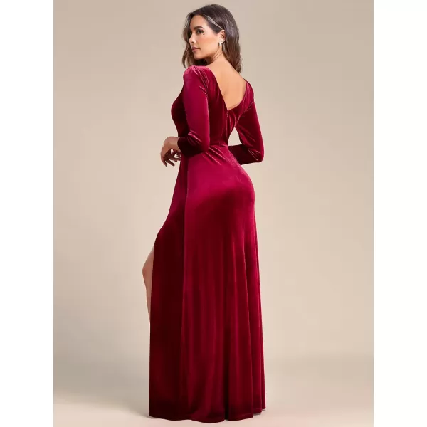 EverPretty Womens V Neck Long Sleeve ALine Side Slit Floor Length Velvet Formal Dresses 01431Burgundy