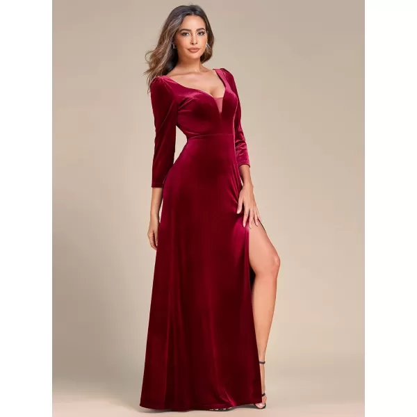 EverPretty Womens V Neck Long Sleeve ALine Side Slit Floor Length Velvet Formal Dresses 01431Burgundy