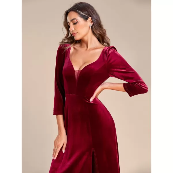 EverPretty Womens V Neck Long Sleeve ALine Side Slit Floor Length Velvet Formal Dresses 01431Burgundy