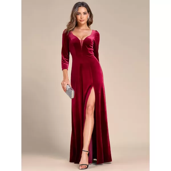 EverPretty Womens V Neck Long Sleeve ALine Side Slit Floor Length Velvet Formal Dresses 01431Burgundy