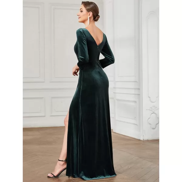 EverPretty Womens V Neck Long Sleeve ALine Side Slit Floor Length Velvet Formal Dresses 01431Dark Green