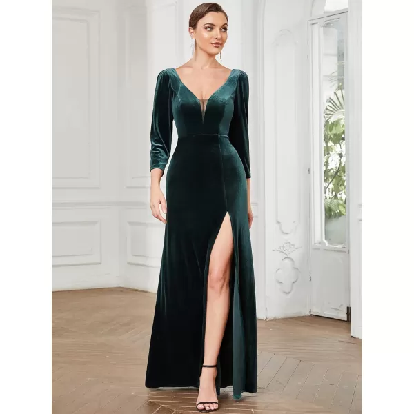 EverPretty Womens V Neck Long Sleeve ALine Side Slit Floor Length Velvet Formal Dresses 01431Dark Green