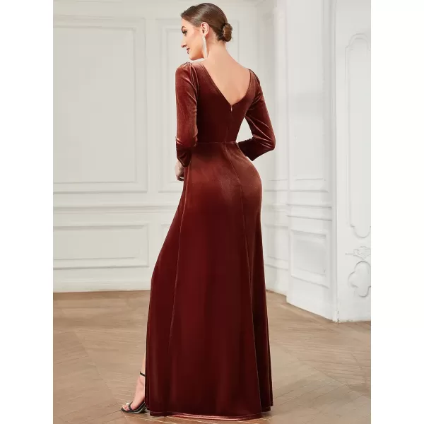 EverPretty Womens V Neck Long Sleeve ALine Side Slit Floor Length Velvet Formal Dresses 01431Maroon