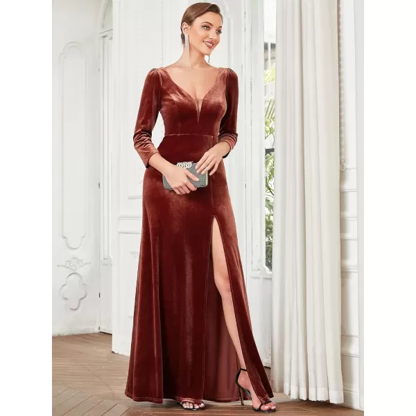 EverPretty Womens V Neck Long Sleeve ALine Side Slit Floor Length Velvet Formal Dresses 01431Maroon