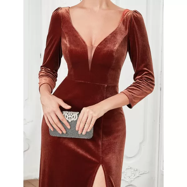 EverPretty Womens V Neck Long Sleeve ALine Side Slit Floor Length Velvet Formal Dresses 01431Maroon