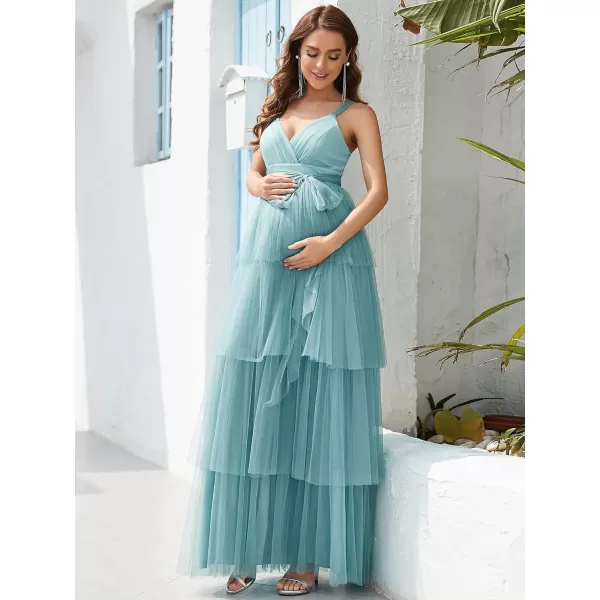 EverPretty Womens VNeck Bow Sash Tassel Tulle Maternity Evening Party Dress 20794EYDemin Blue