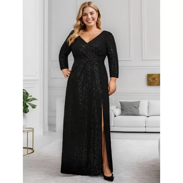 EverPretty Womens VNeck Glitter Dress Side Split Plus Size Evening Dress 07505Bblack