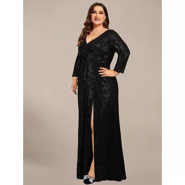 EverPretty Womens VNeck Glitter Dress Side Split Plus Size Evening Dress 07505Bblack