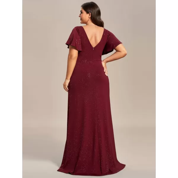 EverPretty Womens VNeck Glitter Dress Side Split Plus Size Evening Dress 07505Bburgundy