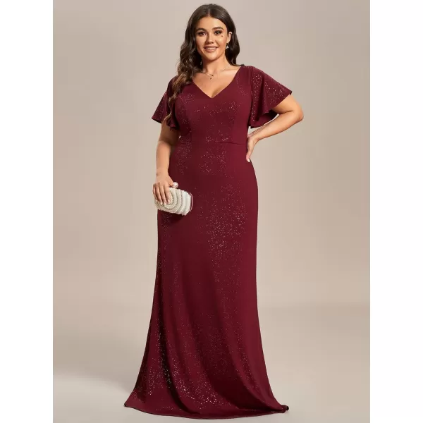 EverPretty Womens VNeck Glitter Dress Side Split Plus Size Evening Dress 07505Bburgundy