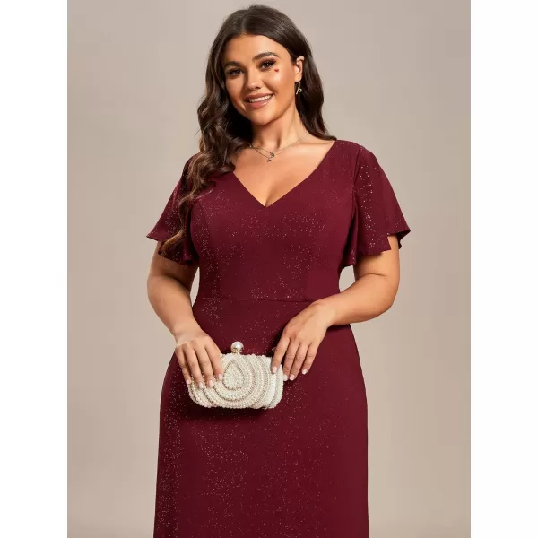 EverPretty Womens VNeck Glitter Dress Side Split Plus Size Evening Dress 07505Bburgundy