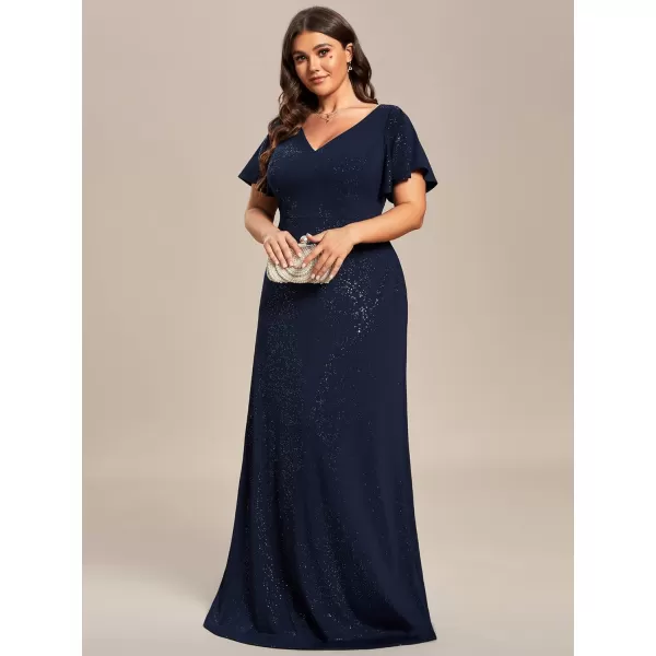 EverPretty Womens VNeck Glitter Dress Side Split Plus Size Evening Dress 07505Bnavy Blue