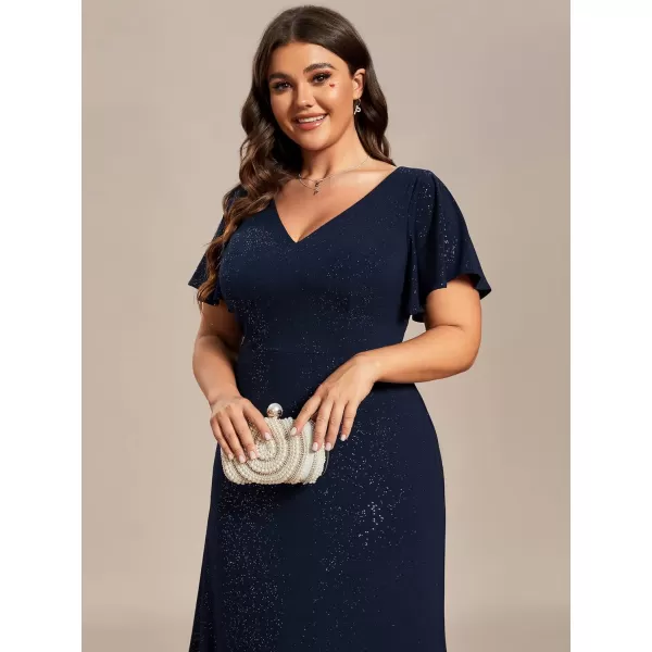 EverPretty Womens VNeck Glitter Dress Side Split Plus Size Evening Dress 07505Bnavy Blue