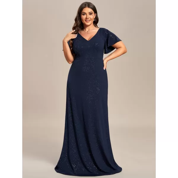 EverPretty Womens VNeck Glitter Dress Side Split Plus Size Evening Dress 07505Bnavy Blue