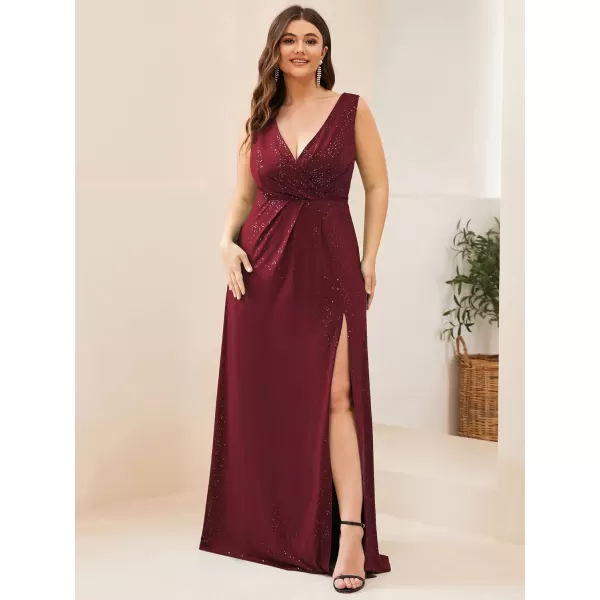 EverPretty Womens VNeck Glitter Dress Side Split Plus Size Evening Dress 07505Burgundy