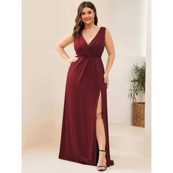 EverPretty Womens VNeck Glitter Dress Side Split Plus Size Evening Dress 07505Burgundy