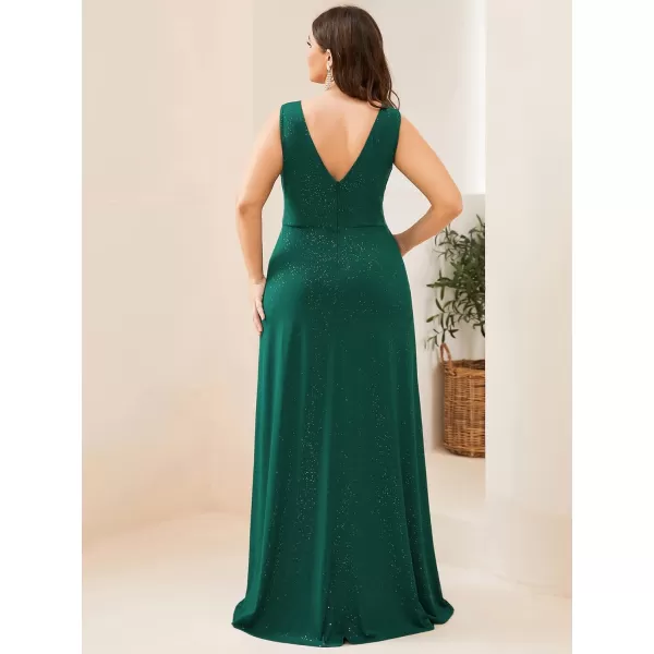 EverPretty Womens VNeck Glitter Dress Side Split Plus Size Evening Dress 07505Dark Green