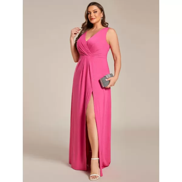 EverPretty Womens VNeck Glitter Dress Side Split Plus Size Evening Dress 07505Hot Pink