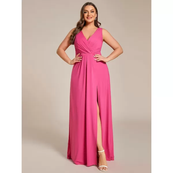 EverPretty Womens VNeck Glitter Dress Side Split Plus Size Evening Dress 07505Hot Pink