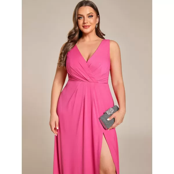 EverPretty Womens VNeck Glitter Dress Side Split Plus Size Evening Dress 07505Hot Pink