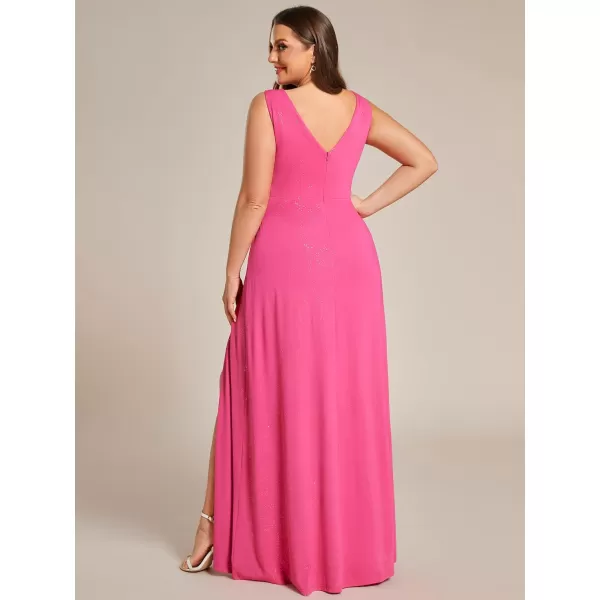 EverPretty Womens VNeck Glitter Dress Side Split Plus Size Evening Dress 07505Hot Pink