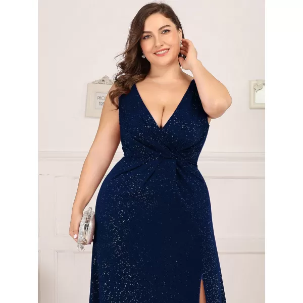 EverPretty Womens VNeck Glitter Dress Side Split Plus Size Evening Dress 07505Navy