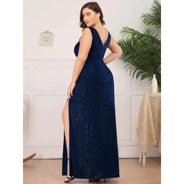 EverPretty Womens VNeck Glitter Dress Side Split Plus Size Evening Dress 07505Navy