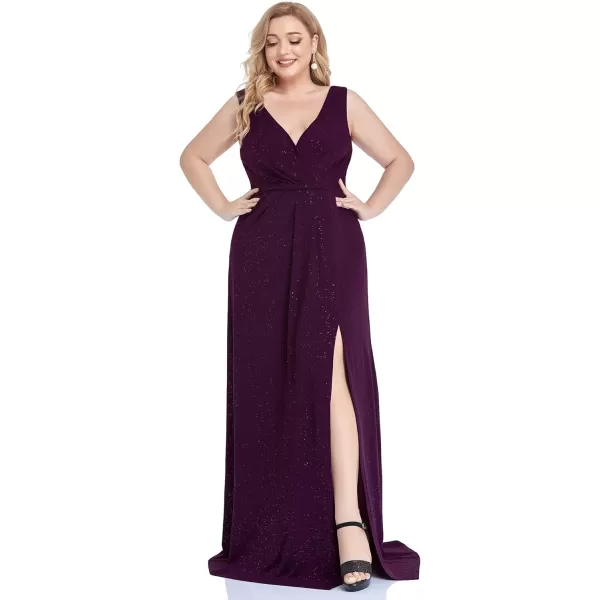 EverPretty Womens VNeck Glitter Dress Side Split Plus Size Evening Dress 07505Purple