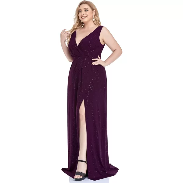 EverPretty Womens VNeck Glitter Dress Side Split Plus Size Evening Dress 07505Purple