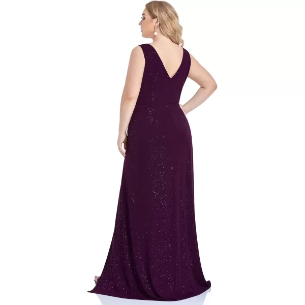 EverPretty Womens VNeck Glitter Dress Side Split Plus Size Evening Dress 07505Purple